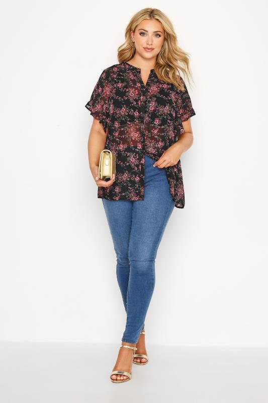 Plus Size Black Floral Short Frill Sleeve Shirt | Yours Clothing 2