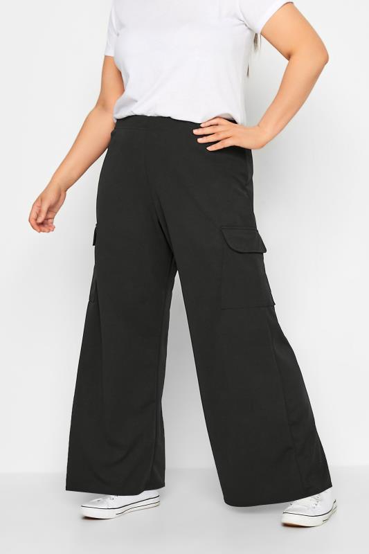 YOURS Plus Size Black Cargo Pocket Wide Leg Trousers | Yours Clothing 1