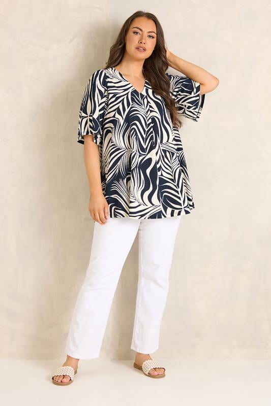 EVANS Plus Size Navy Blue Leaf Print Pleat Front Top | Evans  1