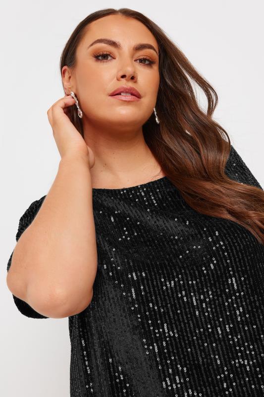 YOURS Plus Size Black Short Sleeve Velvet Sequin Top | Yours Clothing 4