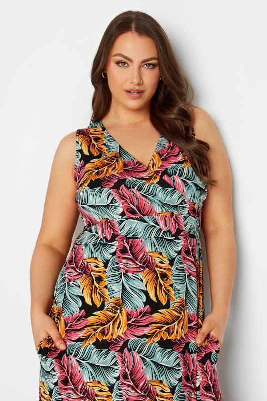 YOURS Plus Size Black Tropical Leaf Print Wrap Maxi Dress | Yours Clothing 4