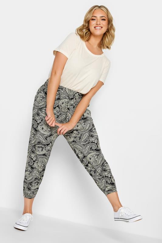 YOURS Plus Size Black Paisley Print Cropped Harem Joggers | Yours Clothing 2