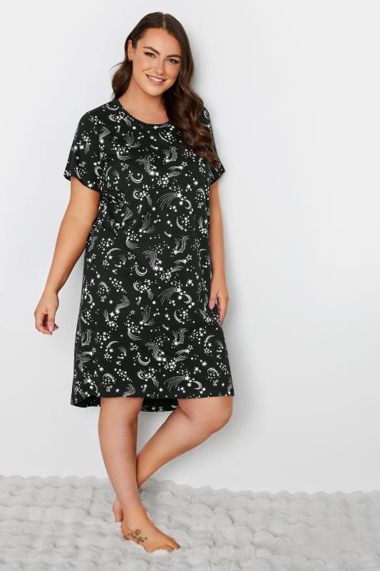 YOURS Plus Size Black Shooting Star Print Nightdress | Yours Clothing 1