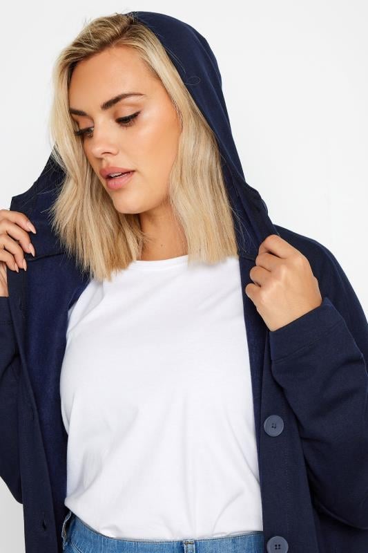 YOURS Plus Size Navy Blue Button Through Hooded Maxi Jacket | Yours Clothing 4