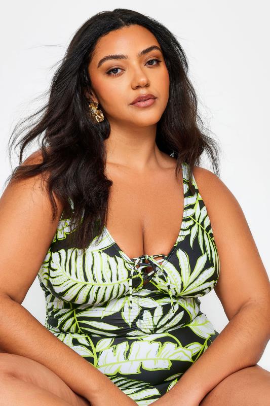 YOURS Plus Size Black Leaf Print Plunge Tummy Control Swimsuit | Yours Clothing 5