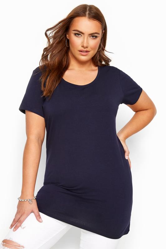 Plus Size Basic T-Shirts & Vests Curve Navy Blue Longline T-Shirt