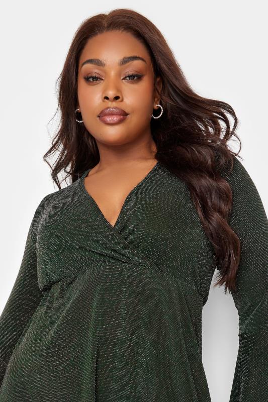 LIMITED COLLECTION Plus Size Forest Green Glitter Flare Sleeve Wrap Top | Yours Clothing 4