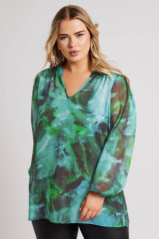  YOURS LONDON Curve Green Blur Abstract Print Overhead Blouse