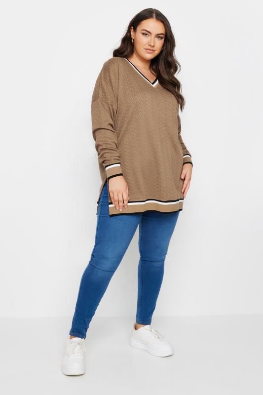 YOURS Plus Size Brown Cable Knit Sweatshirt | Yours Clothing 2