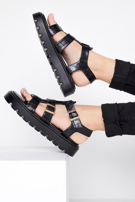 Tall  LTS Black Croc Gladiator Sandals In Standard D Fit