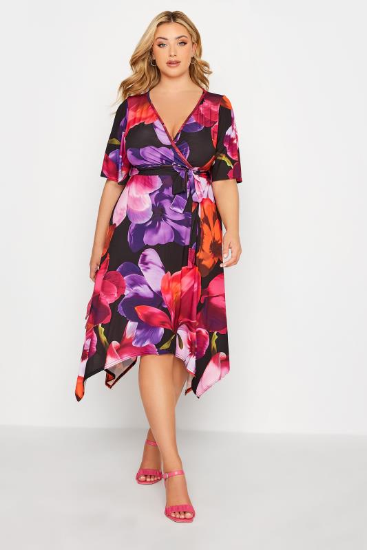 YOURS LONDON Plus Size Black Floral Hanky Hem Dress | Yours Clothing 1