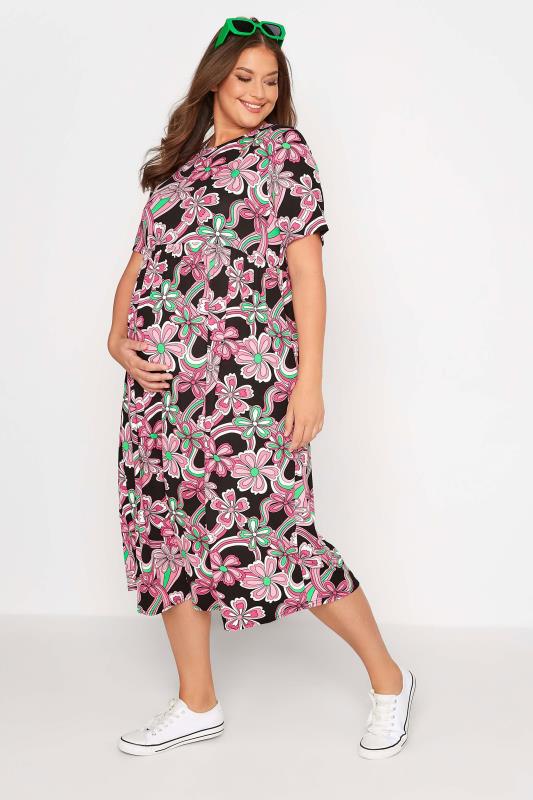 BUMP IT UP MATERNITY Plus Size Black Floral Pocket Dress | Yours Clothing 1