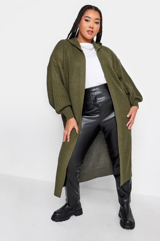 YOURS Plus Size Khaki Green Hooded Longline Cardigan | Yours Clothing 1