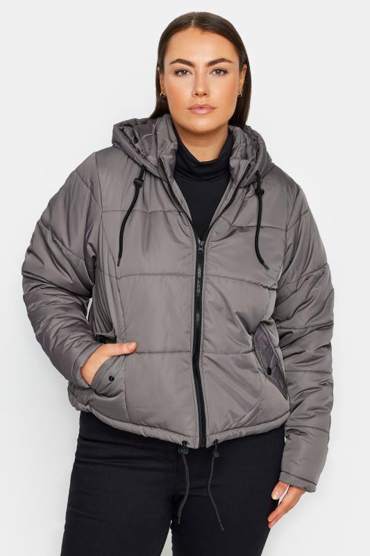 Plus Size  Evans Grey Hooded Cropped Puffer Jacket