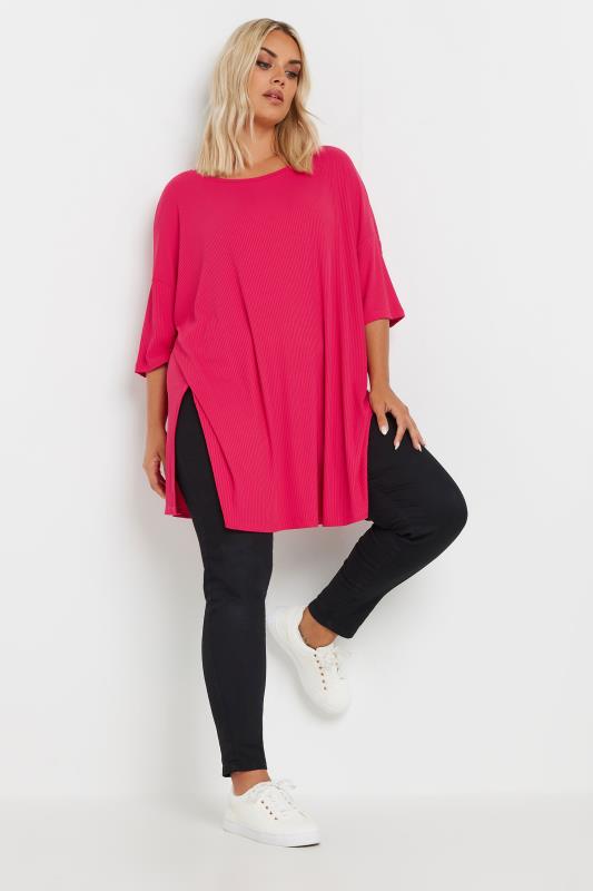 YOURS Plus Size Pink Side Split Ribbed T-Shirt | Yours Clothing 2