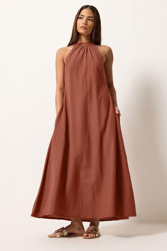 PixieGirl Petite Women's Red Linen Halterneck Maxi Dress | PixieGirl 1