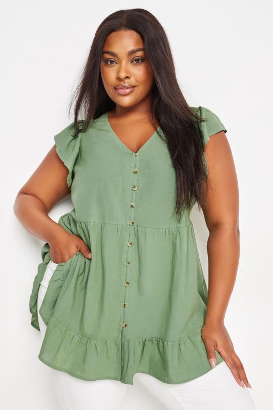 Plus Size  YOURS Curve Sage Green Tiered Linen Blouse
