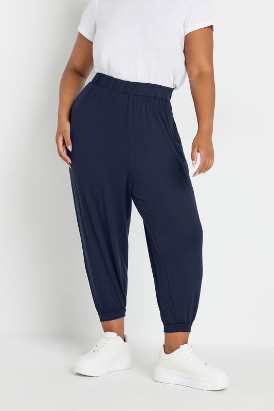 YOURS Curve Navy Blue Plus Size Navy Cropped Jersey Joggers | Yours Clothing 1