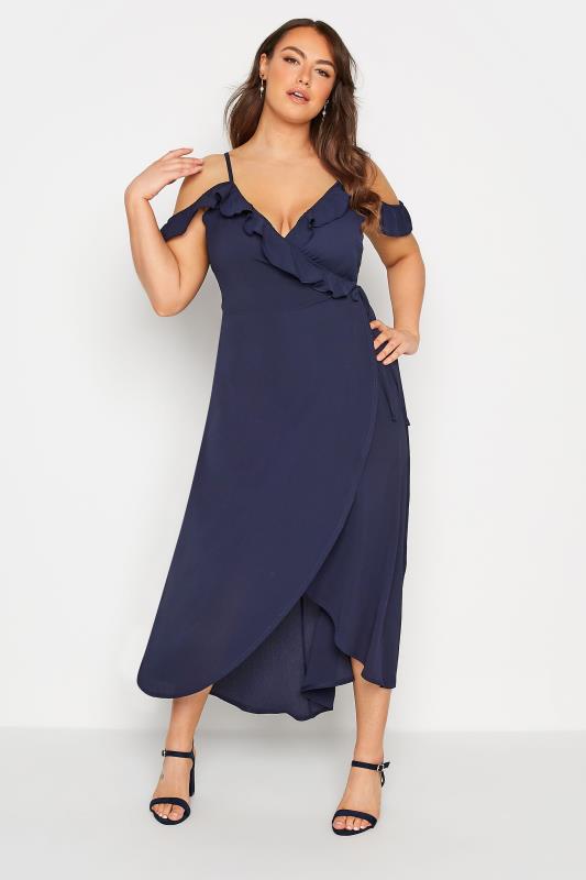 Plus Size  YOURS LONDON Curve Navy Blue Ruffle Wrap Maxi Dress