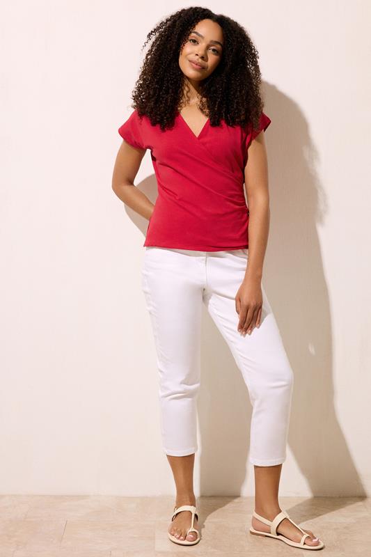  M&Co Red Grown-on Sleeve Cotton Wrap Top