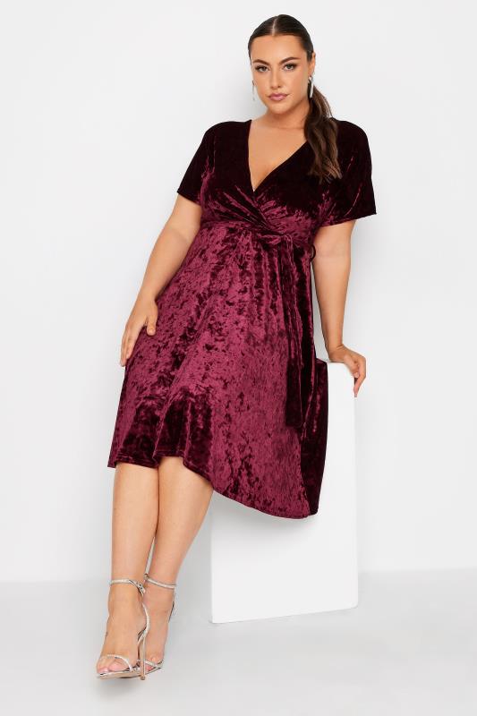 YOURS LONDON Plus Size Wine Red Velvet Wrap Skater Dress | Yours Clothing 3