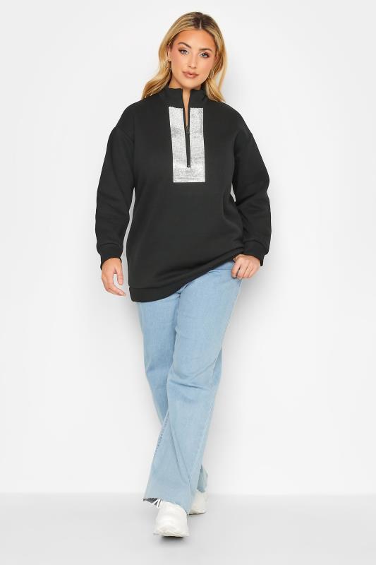 Curve Plus Size Black & Silver Sequin Embellished Half Zip Sweatshirt | Yours Clothing  3
