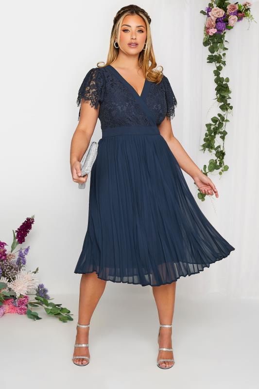 YOURS LONDON Curve Navy Blue Lace Wrap Pleated Midi Dress | Yours Clothing 1