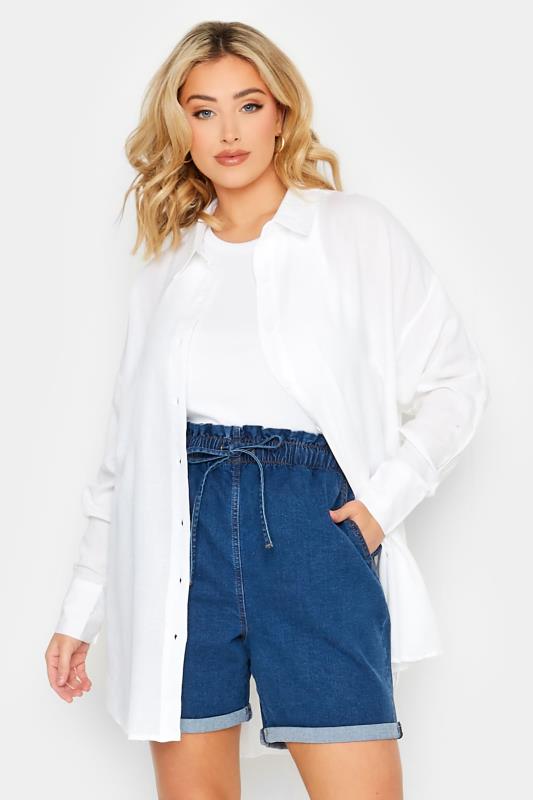 Plus Size  YOURS Curve Mid Blue Paperbag Drawstring Denim Mom Shorts