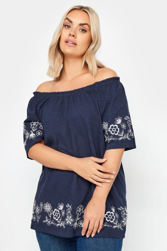 YOURS Plus Size Navy Blue Embroidered Detail Bardot Top | Yours Clothing 1
