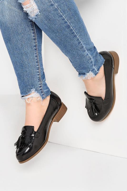 Black Patent Tassel Loafers In Wide E Fit & Extra Wide EEE Fit | Yours Clothing  1