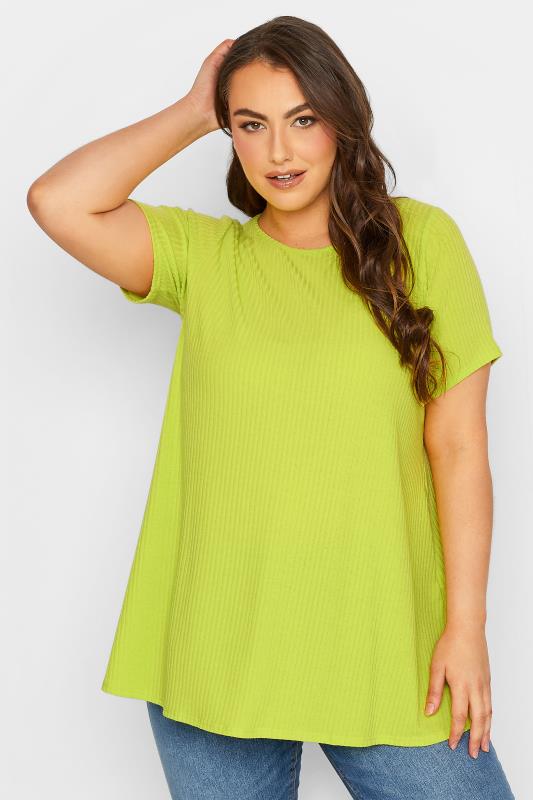 YOURS Curve Plus Size Lime Green Ribbed T-Shirt | Yours Clothing  1