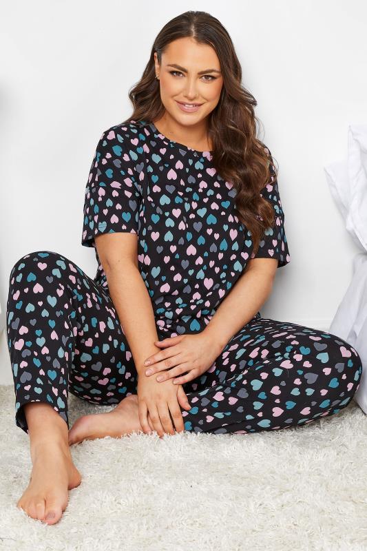 YOURS Plus Size Black Heart Print Sleep Tee Pyjama Top | Yours Clothing 1