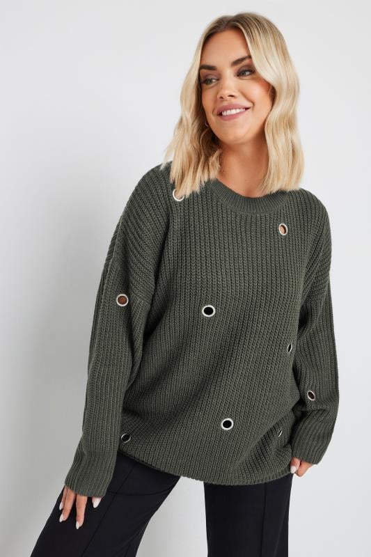 YOURS Plus Size Charcoal Grey Eyelet Knitted Jumper | Yours Clothing 3