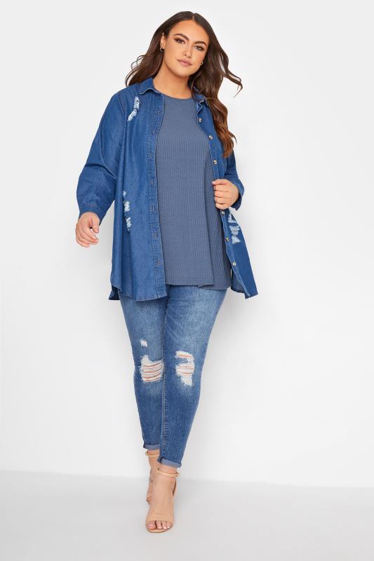 Plus Size Blue Ribbed Swing Top | Yours Clothing 2