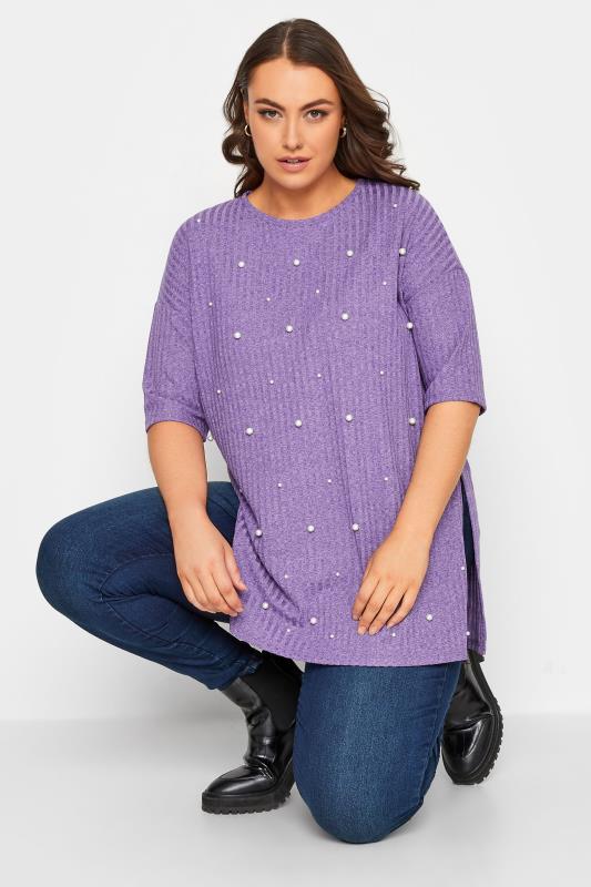 Plus Size Purple Pearl Embellished Split Hem Top | Yours Clothing 4