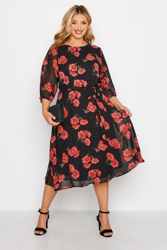  dla puszystych YOURS LONDON Curve Black Poppy Floral Print Dress