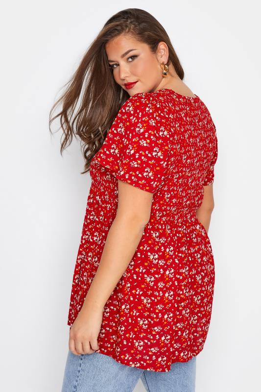 LIMITED COLLECTION Plus Size Red Floral Shirred Crinkle Smock Top | Yours Clothing 3