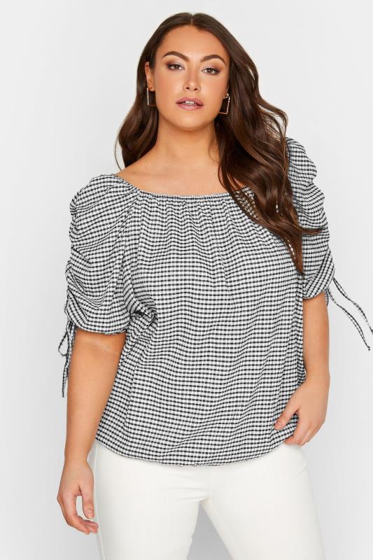YOURS Plus Size Black Gingham Print Textured Bubble Hem Top | Yours Clothing 1