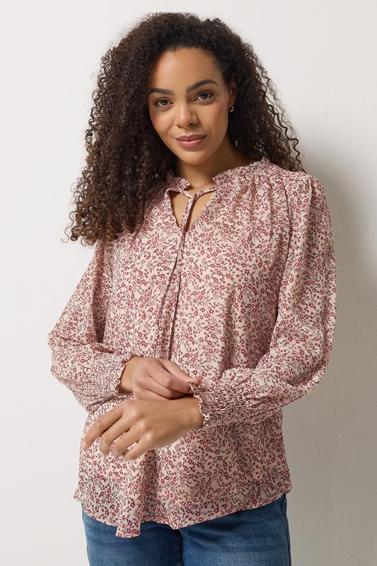 M&Co Cream & Red Floral Print Tie Neck Blouse | M&Co 1