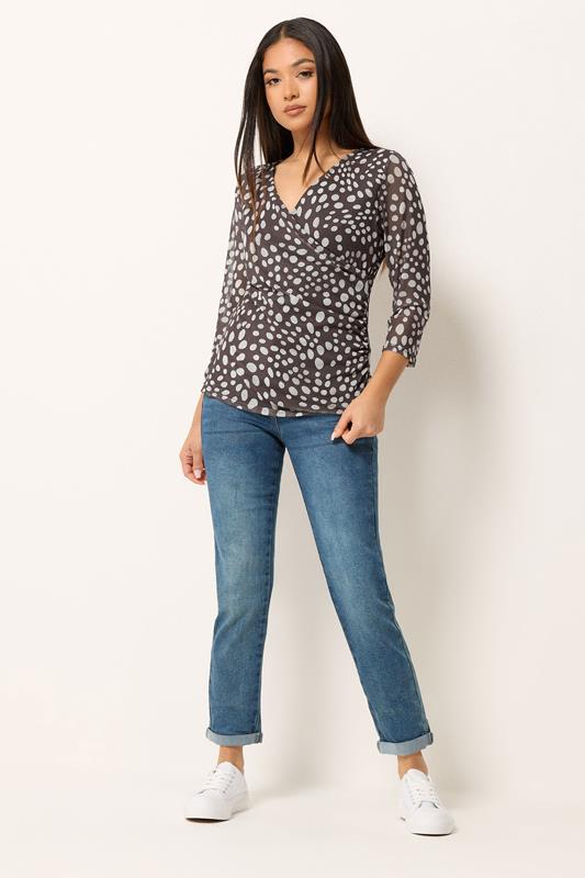 M&Co Petite Chocolate Brown Polka Dot Mesh Sleeve Wrap Top | M&Co 1