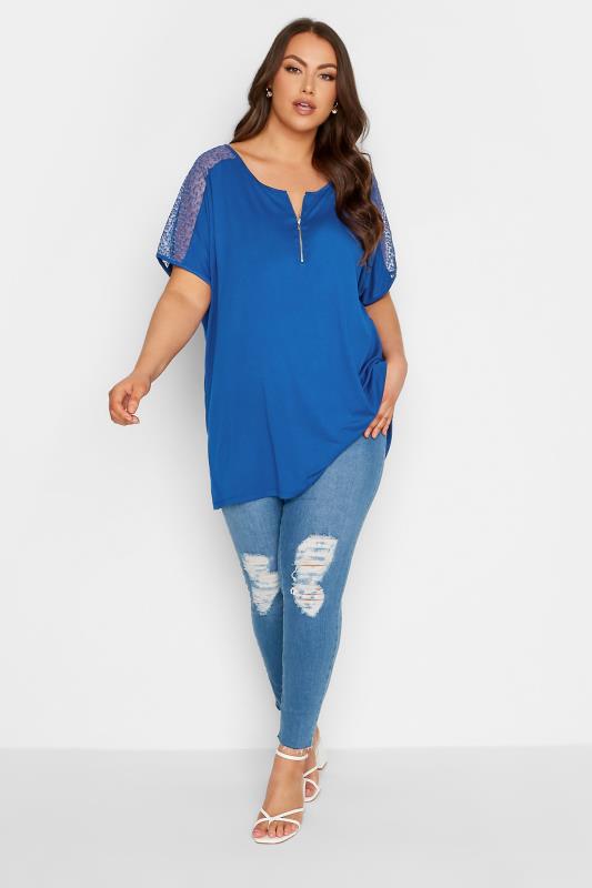 YOURS Plus Size Blue Lace Sleeve Zip T-Shirt | Yours Clothing