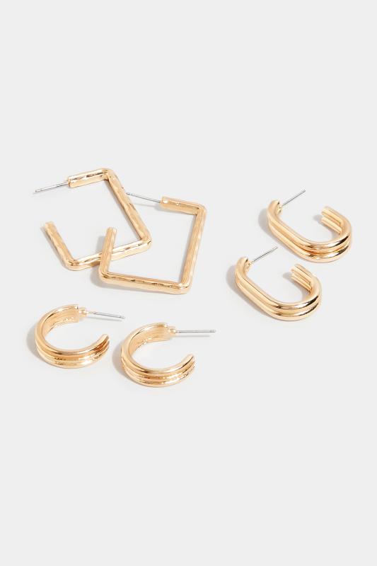 3 PACK  Gold Tone Textured Geometric Hoop Earrings | Yours Clothing 4