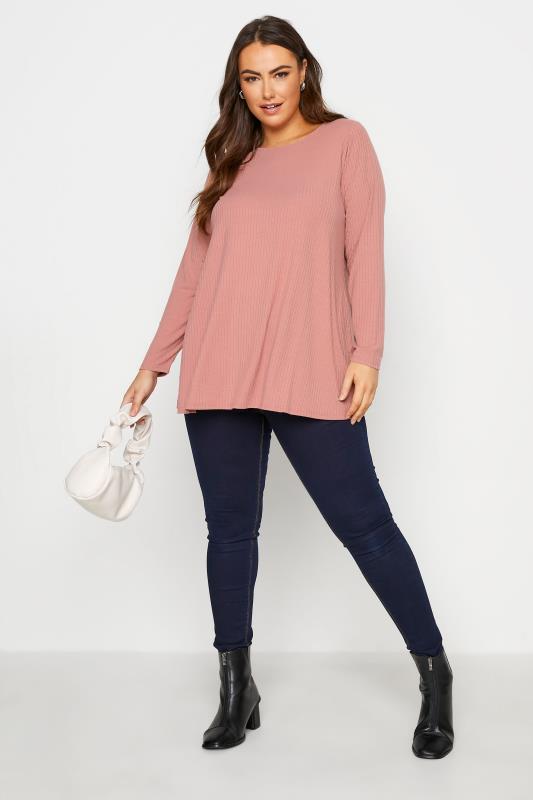 Curve Pink Long Sleeve Ribbed Swing Top 2