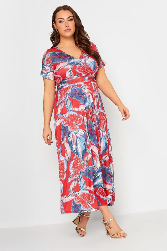 YOURS Curve Plus Size  Red Leaf Print Maxi Wrap Dress | Yours Clothing  1