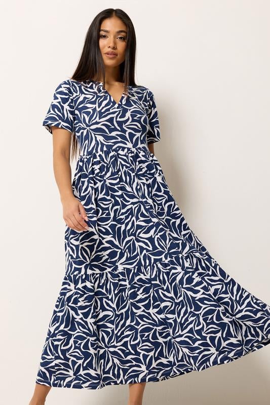 M&Co Petite Navy Blue Abstract Print Tiered Cotton Maxi Dress | M&Co 1