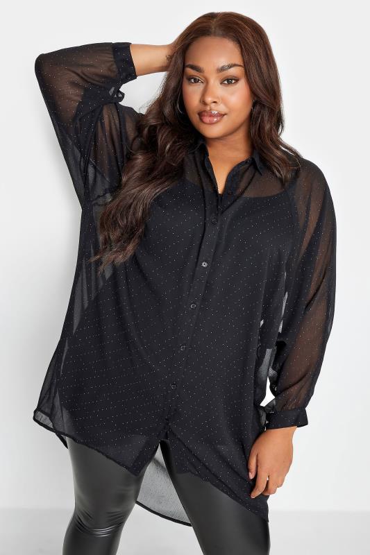 YOURS Curve Black Stud Embellished Dipped Back Shirt | Yours Clothing 1