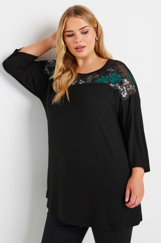 YOURS Plus Size Black & Green Mesh Embellished Swing Top | Yours Clothing  2