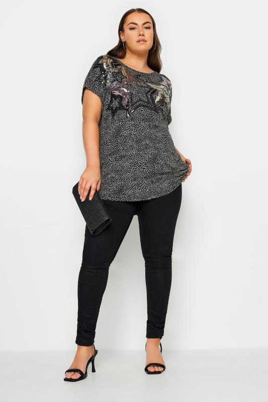 YOURS Plus Size Black Star Sequin Embellished T-Shirt | Yours Clothing 2