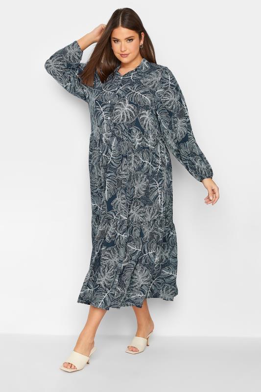 YOURS Plus Size Navy Blue Leaf Print Tiered Shirt Dress | Yours Clothing 1