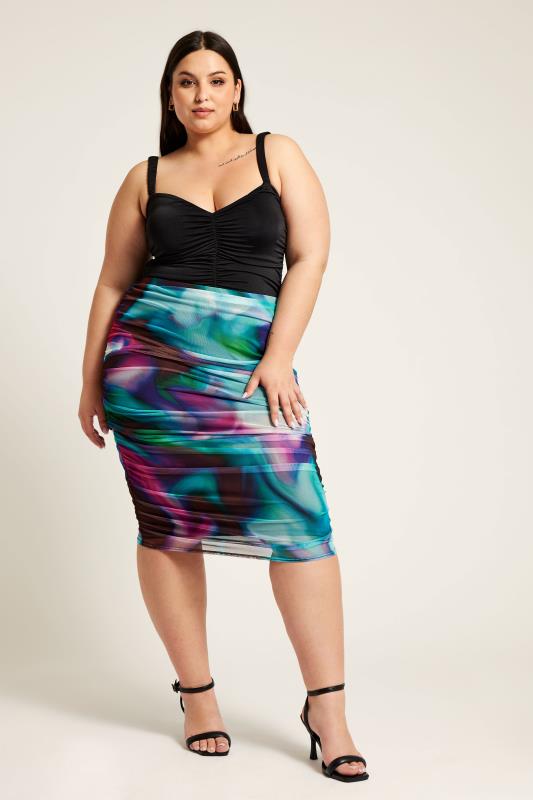 Plus Size  YOURS LONDON Curve Blue Abstract Print Mesh Bodycon Skirt